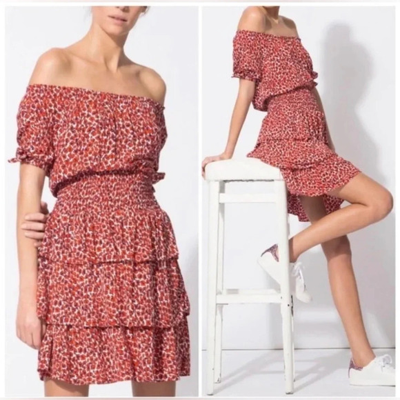 Maje Rafia Leopard Print Smocked Crepe Mini Dress - Picture 2 of 7